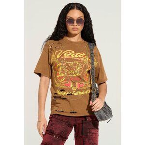 AKIRA Freedom Oversized Tee Size L Motorcycle Distressed Brown T-Shirt W/Chains